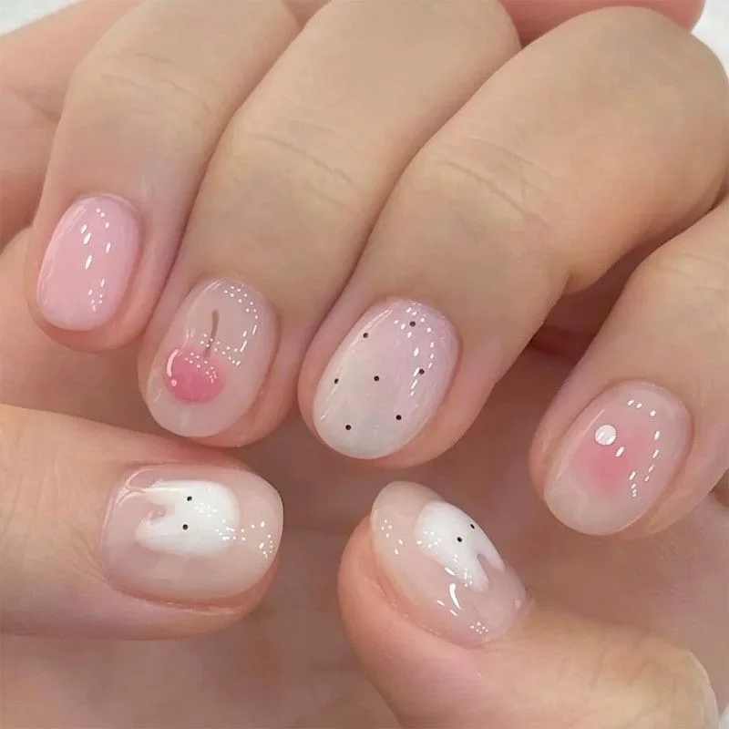 

10PCS Handmade Nail Wearing Ins Sweet Student Korean Press on Nail Art Christmas Fake NailsCute Bunny Polka Dot Cream Cherry