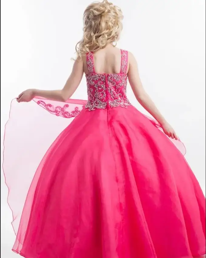 Hot Pink Beads Pageant Dress Ball Gown Princess Luxury Crystal Organza Spaghetti Strap Floor Length Long Flower Girl Dress Prom