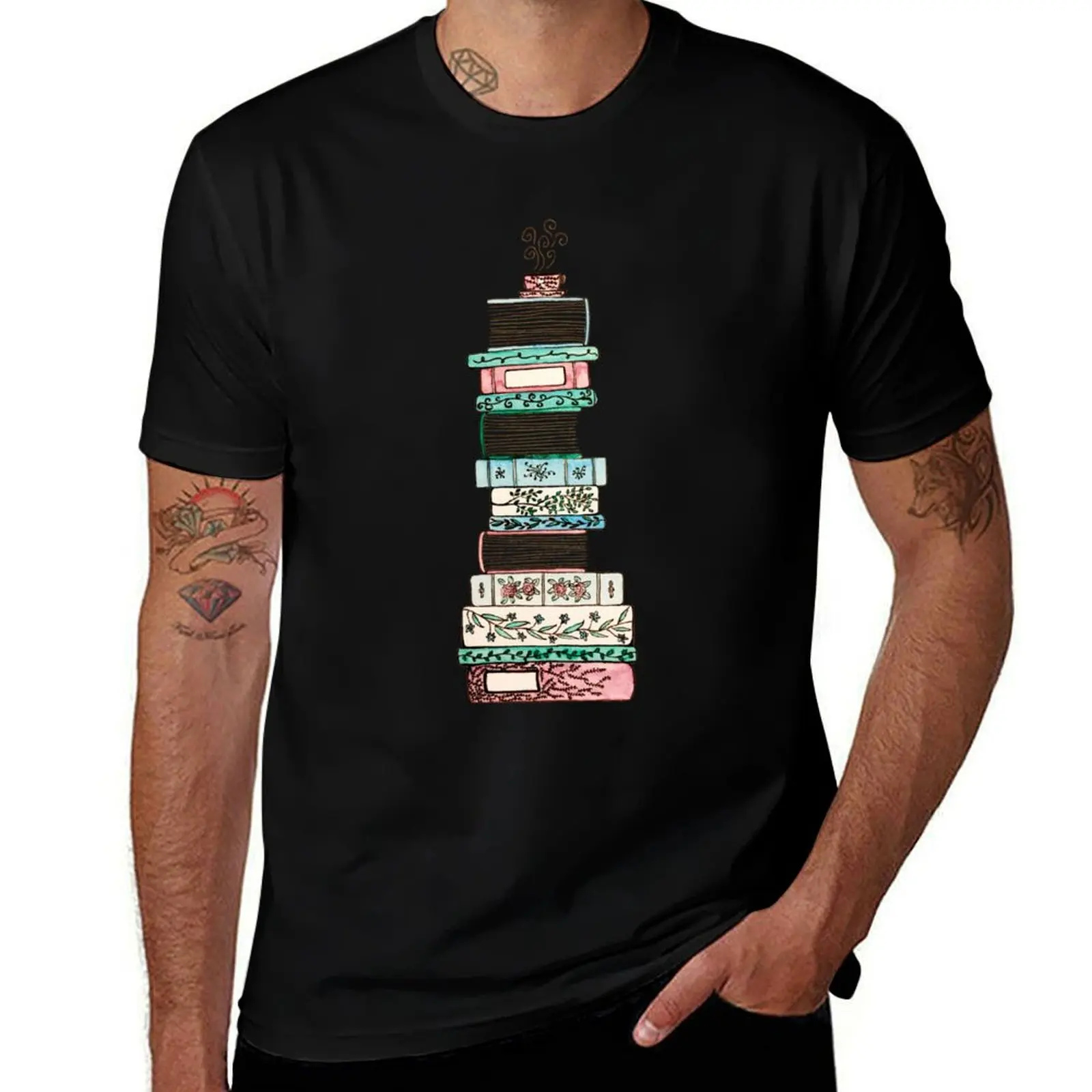 Pink and Blue Floral Bookstack T-Shirt Breathable Workout Short Sleeve Top T-Shirt