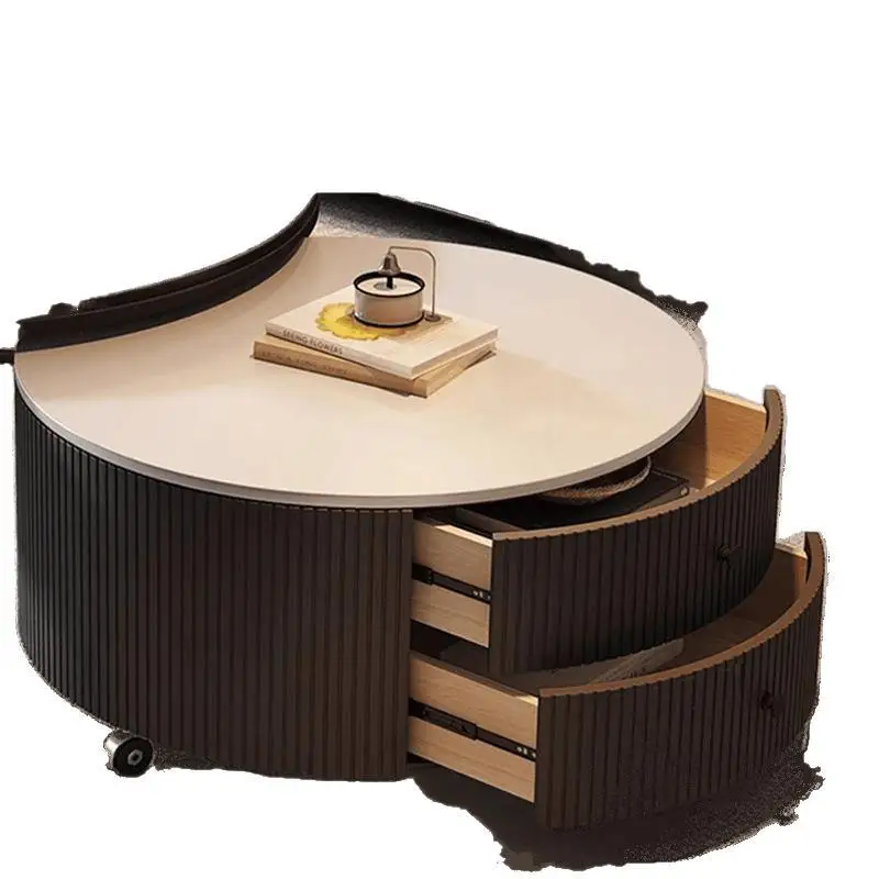 

2025 new rock slab round coffee table, living room household simple small apartment black Italian minimalist movable coffee tab