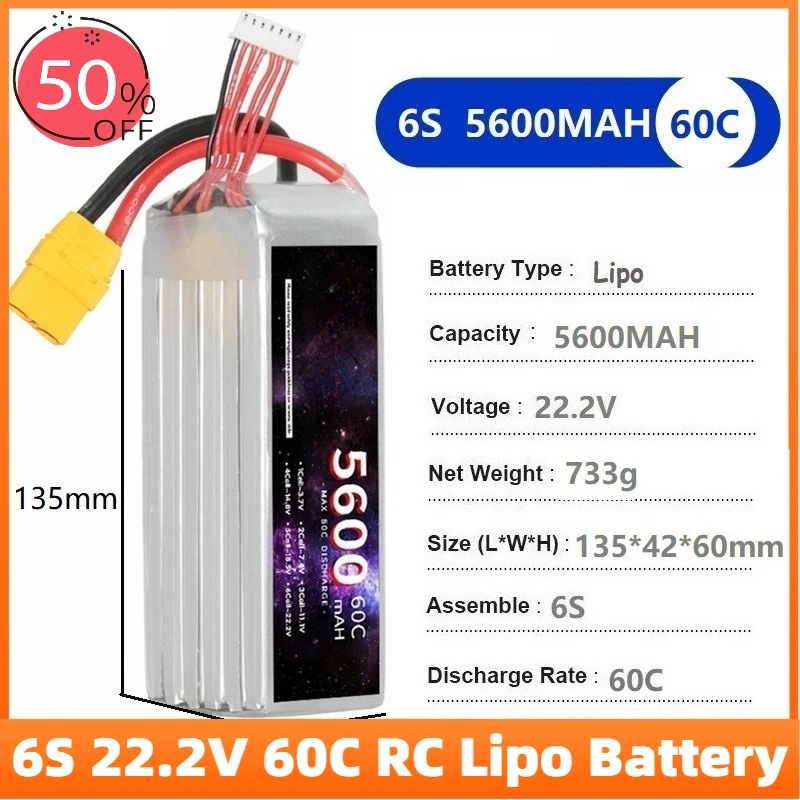 5600mAh-7200mAh 6S 22.2V 60C RC Lipo Battery Rechargeable Battery for RC Car FPV Truck Helicopter with XT60 XT90 Connector