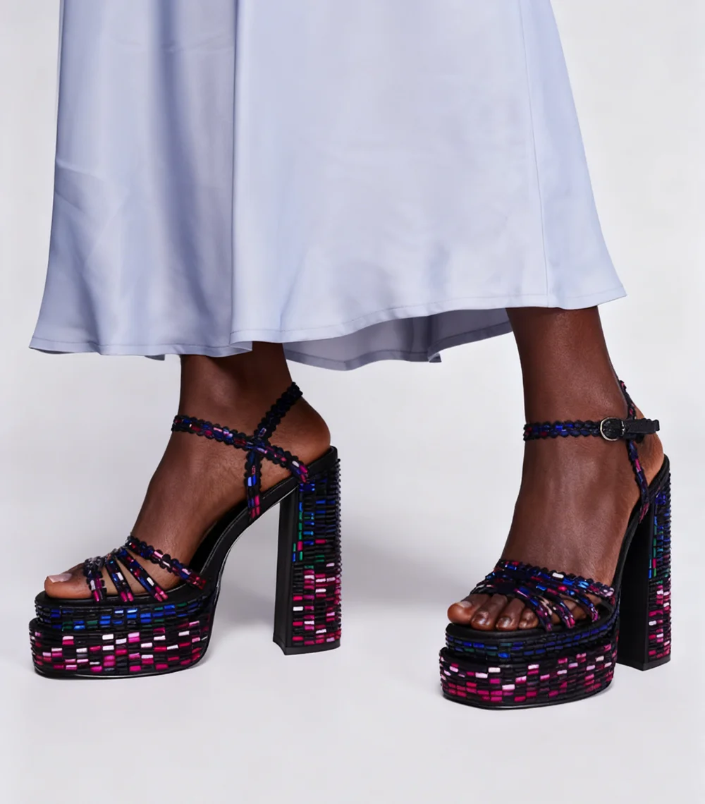 Black Platform Sandals Multicolor Crystal Embellishments Chunky Block Heel Ankle Strap Fashion Vibrant Design Women's Sandals
