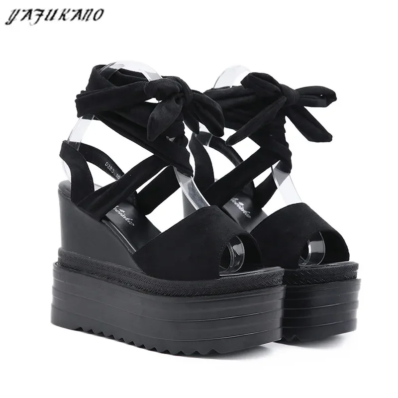 14Cm Wedges Women Sandals Summer New Cross Strap High Heel Sandals Korean Simple Fashion Thick Sole Platform Peep Toe High Heels