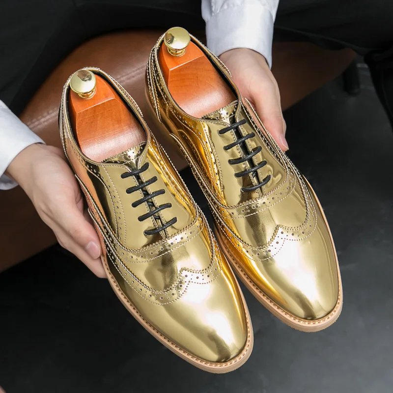 Luxury Golden Bullock Leather Men's Shoes Casual Formal Business Suit Shoes Italian Design Wedding Dress Banquet Footwear