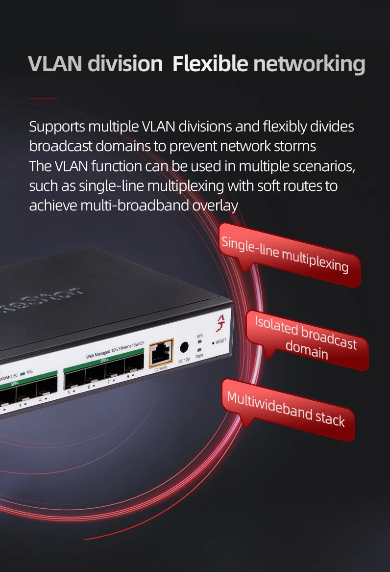 XikeStor Dreischichtiges Management Voll-10G-Switch, Kostengünstiger Switch, 8 1G/2.5G/10G SFP+ Optische Ports + 1 RJ45-Konsolenmanagement – Detail 9