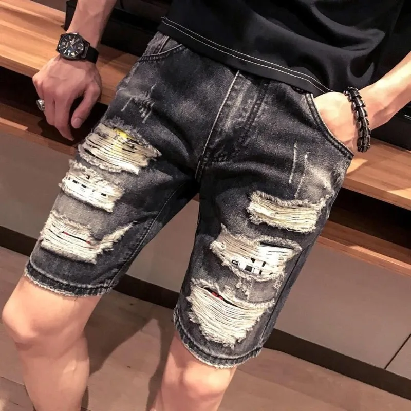 

2026 New Men's Denim Shorts Summer Slim Fit Distressed Ripped Jean Shorts Casual Hip Hop Five Points Pants Streetwear