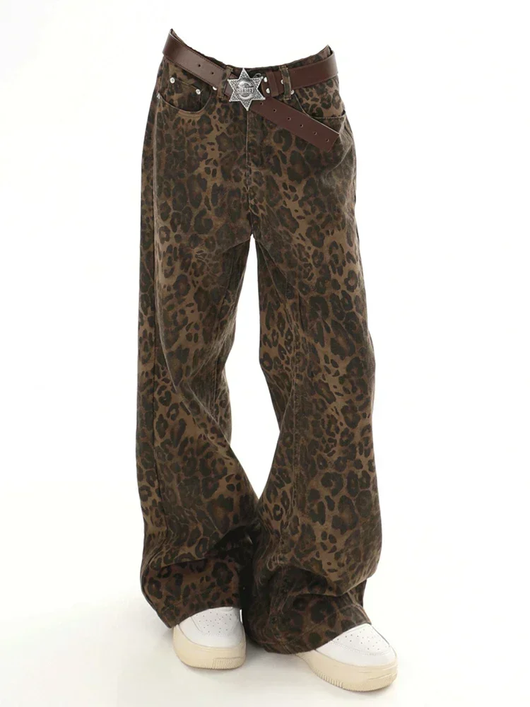 Pantalones vaqueros holgados con estampado de leopardo Y2k para mujer, pantalones vaqueros informales de pierna ancha de cintura alta, ropa de calle de moda, pantalones vaqueros rectos para mujer