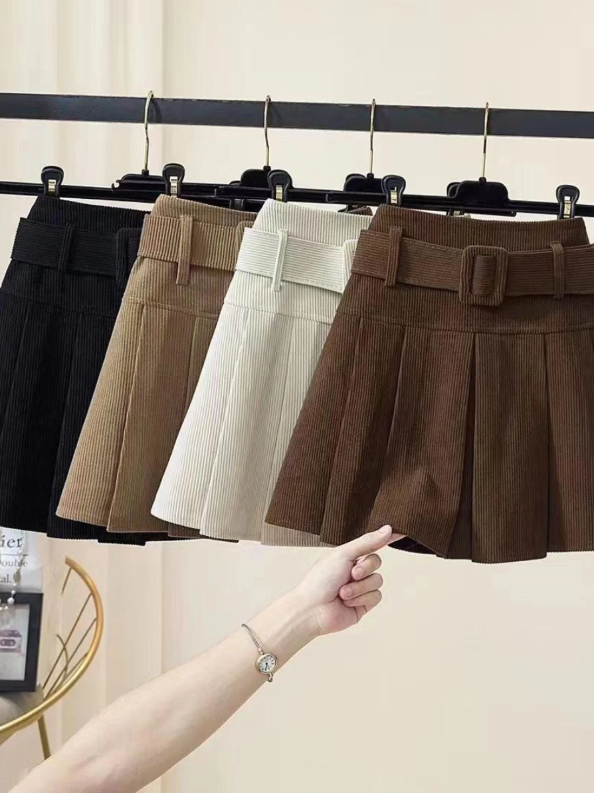 

Retro Corduroy Pleated Skirt High Waist Slimming Design Autumn Winter New Sle Women's Faion Commute Polyester Knitted