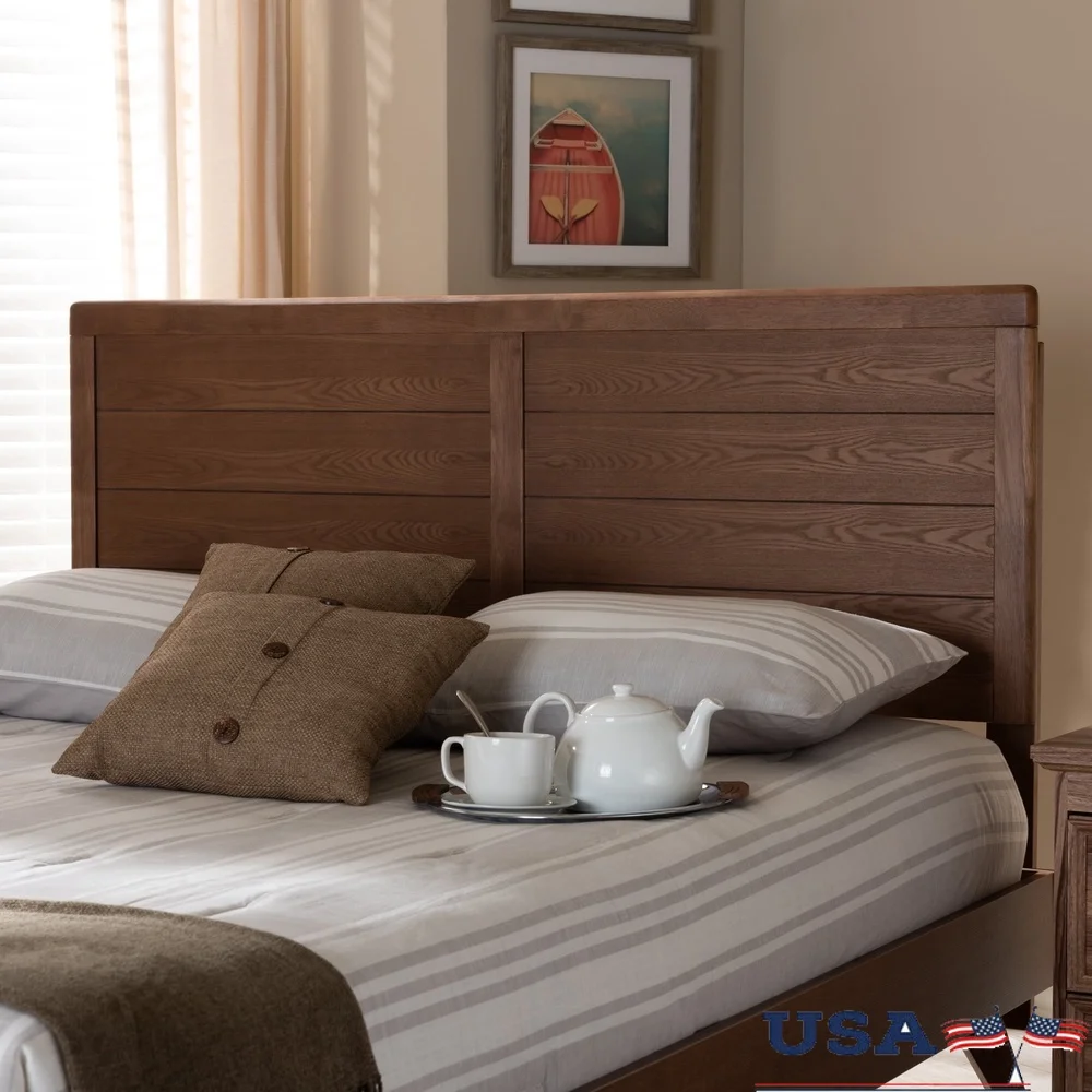 

Mid-Century Modern Full Size Headboard Walnut Brown Wood Adjustable Height Sturdy Construction Inset Paneling Bedroom Furniture