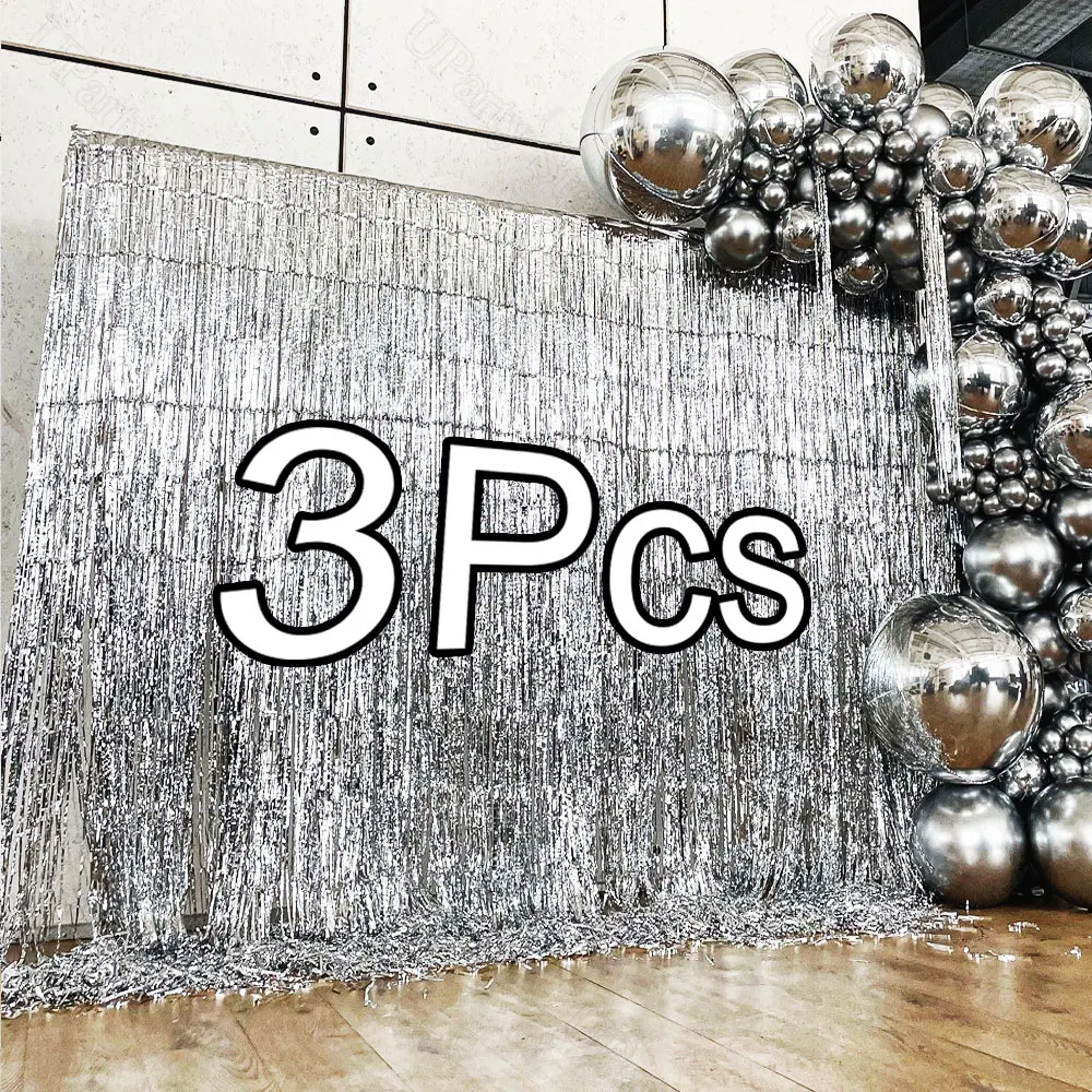 3 قطعة ستائر هامشية من رقائق الفضة 10 ألوان معدنية باللون الذهبي الوردي بهرج غاسل ستائر لحفلات أعياد الميلاد وحفلات الزفاف خلفية ديكور #1