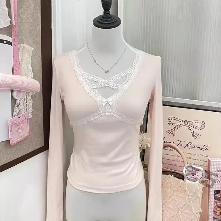 الفرنسية منخفضة الرقبة طويلة الأكمام الدانتيل تي شيرت المرأة كل مباراة الحلو تيز ربيع الخريف جديد عصري التوابل فتاة Y2k الجمالية