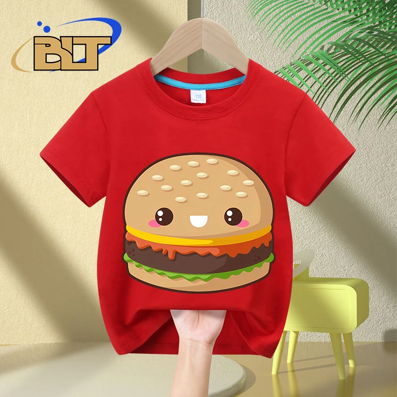 Kawaii Cheeseburger printed kids T-shirt summer children's pure cotton short-sleeved casual tops for boys and girls