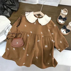 Girls Fashion Lace Collar Solid Color Dress Spring and Autumn New Baby Girls Long Sleeve Embroidered Princess Khaki Dress