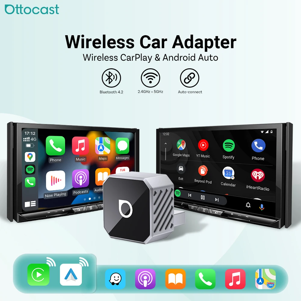 OTTOCAST Mini Pro Wireless CarPlay & Android Auto Adapter 2-in-1 5GHz WiFi Dongle Plug & Play Auto Reconnect For Benz Vw Toyota