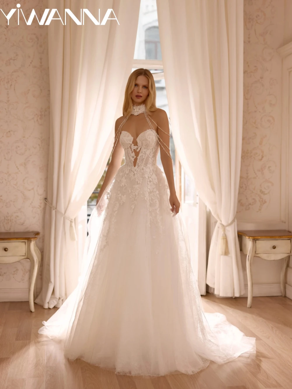 Vestido de novia largo con Apliques de encaje y perlas brillantes, vestido de novia elegante de ensueño sin mangas, vestidos de tul marfil personalizados para novia