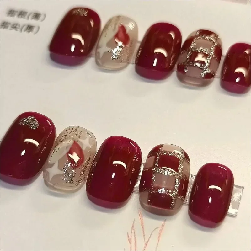 

10 Pcs Elegant Red Checkerboard Press-On Nails - Handmade Christmas/New Year Fake Nails for Women&Girls Celebrations Wear