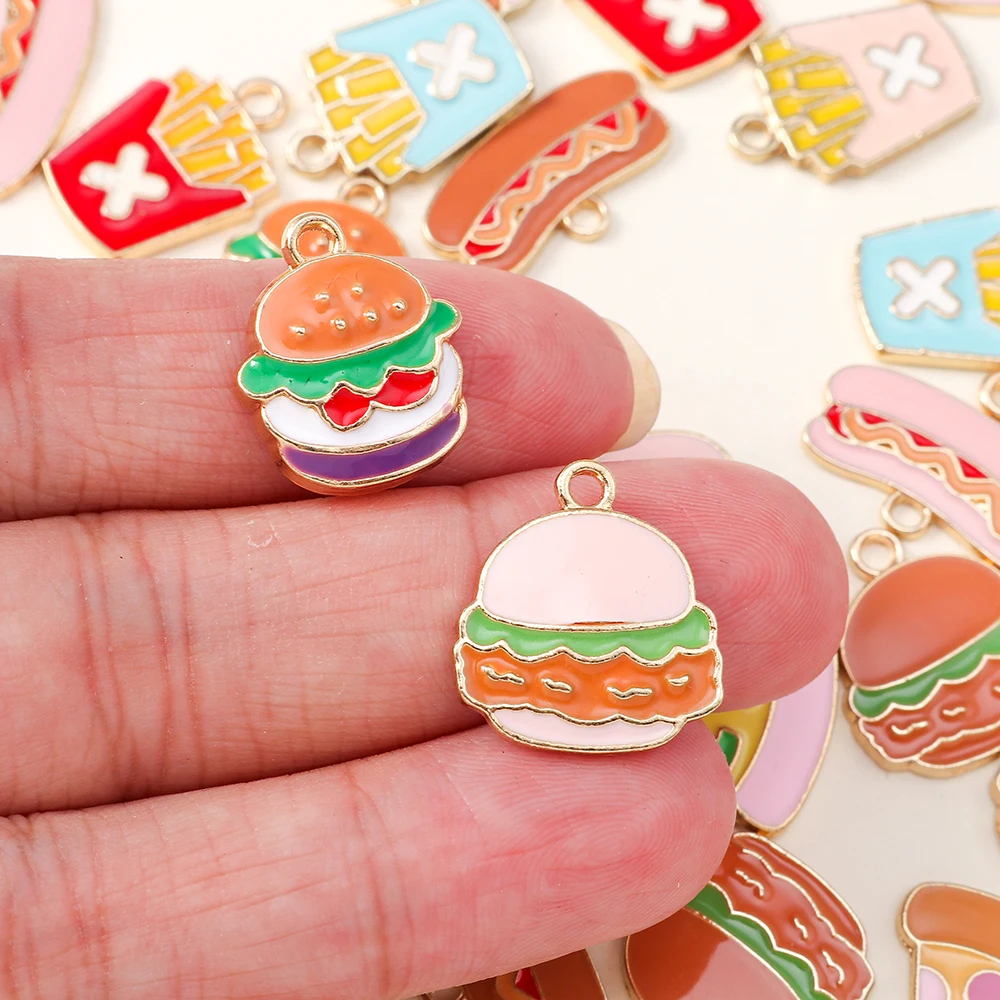 10pcs/set Cute Enamel Burger Pizza Hot Dog Charms Pendants for Handmade Necklace Bracelet Earring DIY Jewelry Accessories