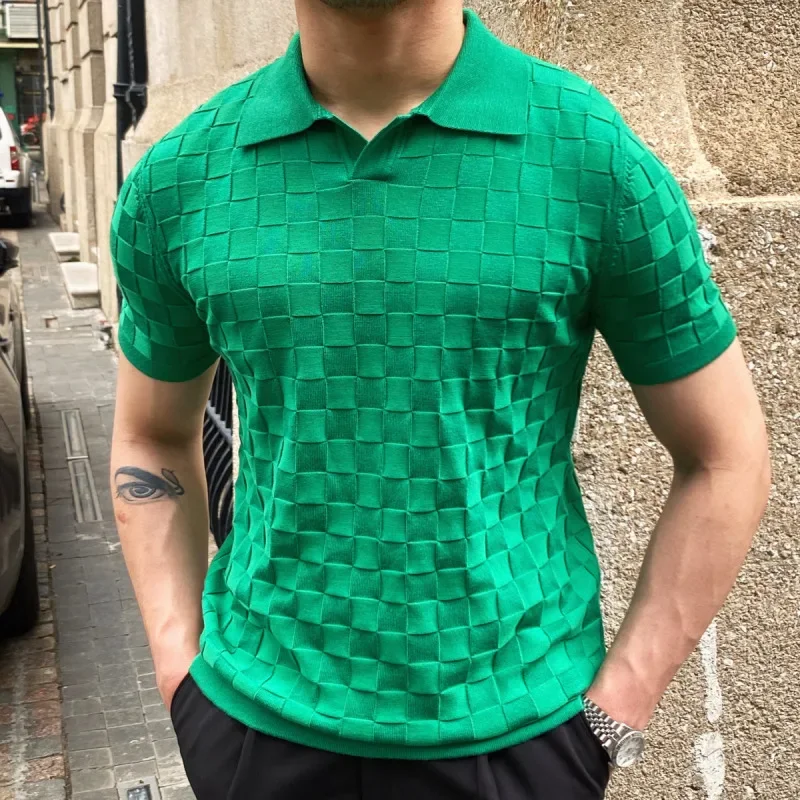 

Plaid Knitted Polo Shirts Men Vintage Green Short Sleeve Lapel Tee Tops Summer Elasticity Slim Casual Business Social Polos