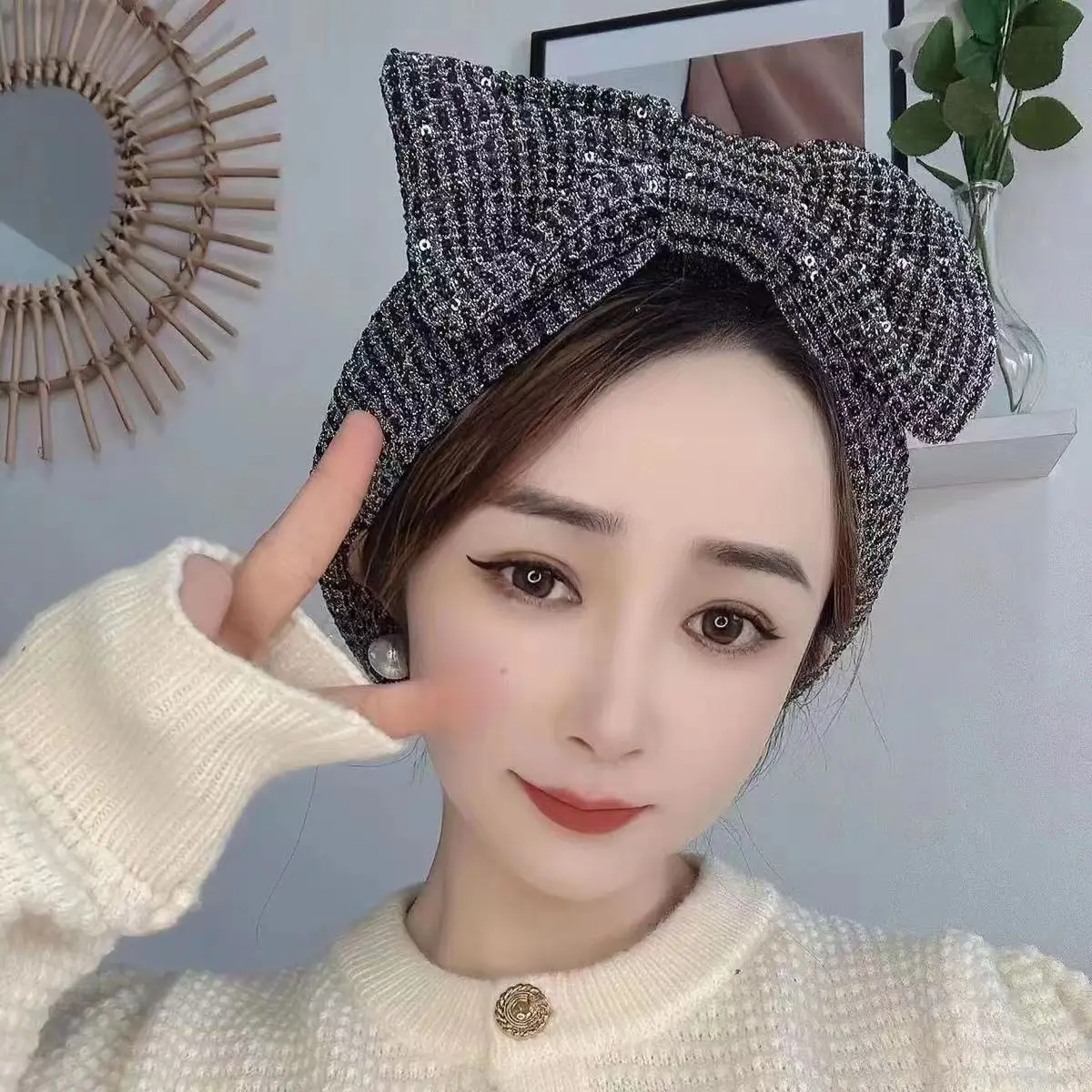 Zilvergrijs Zwart Tulband Strik Mutsen Indiase Hoed Shimmer Pailletten Hoofddoek Vrouwen Moslim Hijab Hoofddoek Haaruitval Chemo Cap