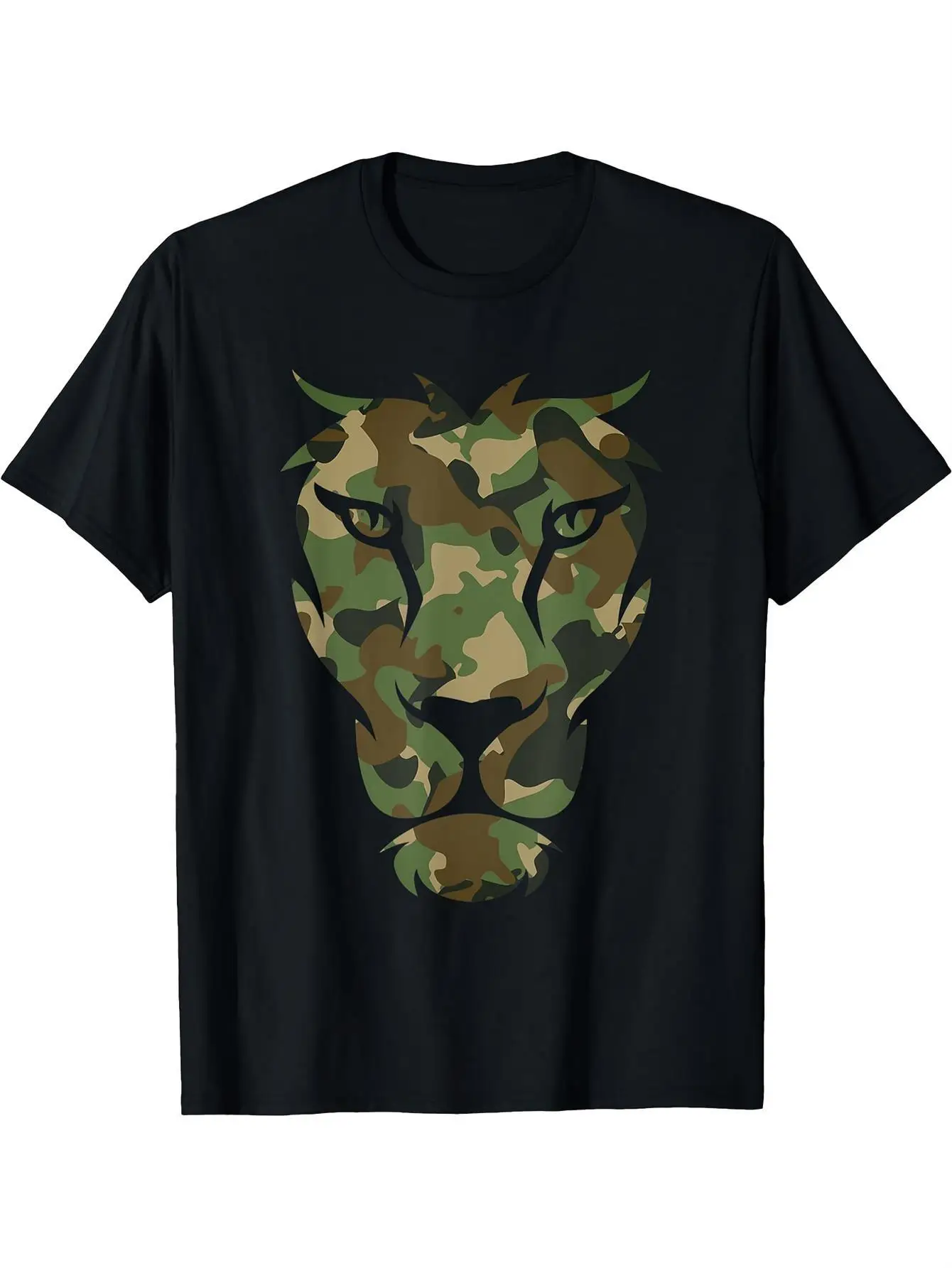 Men's Camouflage Lion T-Shirt - Made with camouflage patterns in green, brown, beige, gray, and black tones