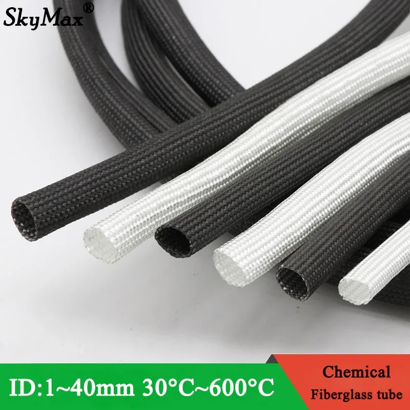 

1M ID 1mm ~ 40 mm Braided Fiberglass Sleeve 600 Deg.C High Temperature Chemical Glass Fiber Tube Fiberglass Sleeving Black White