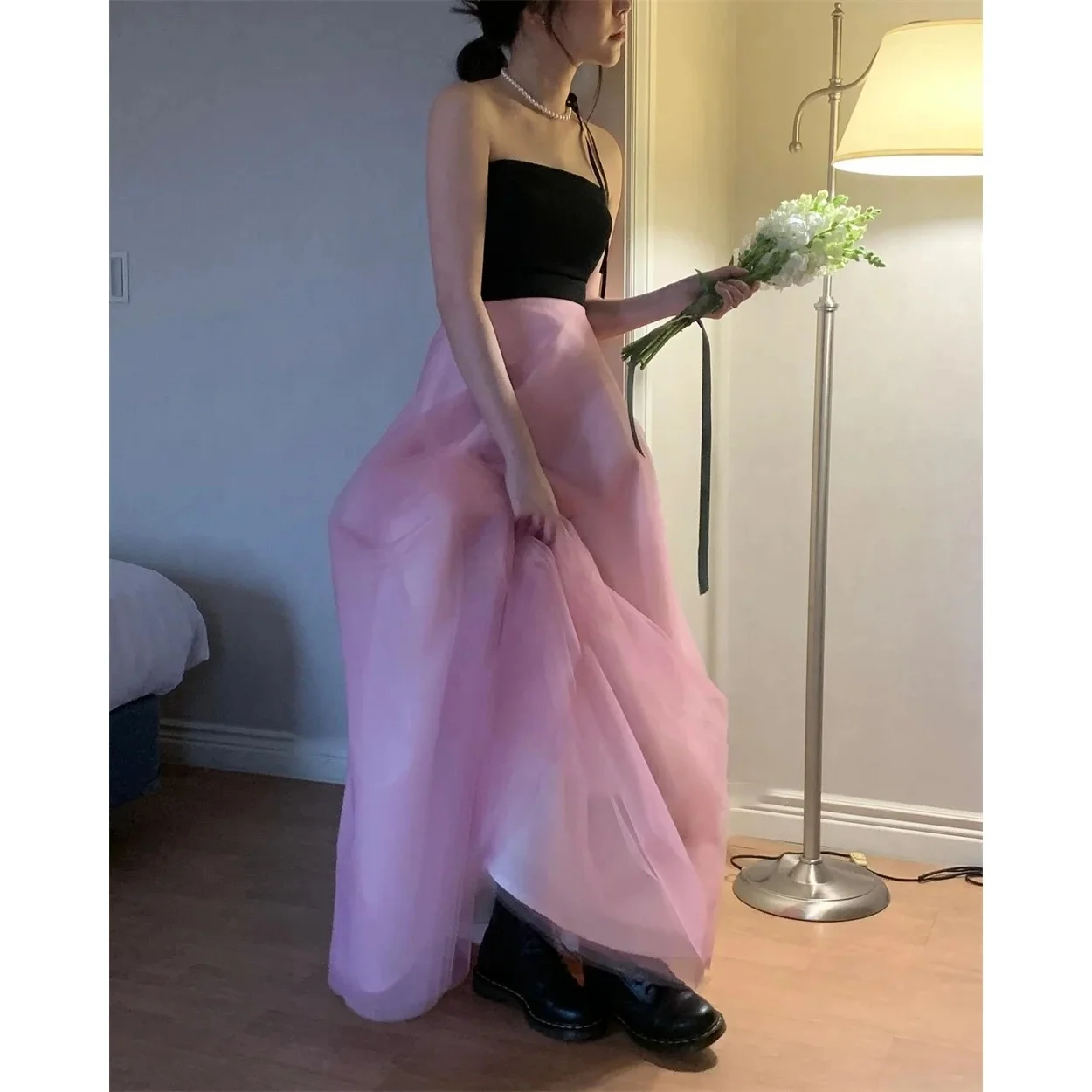 Black Pink Korea Evening Party Dress Customized A Line Strapless Wedding Gowns Photo Shoot Sleeveless Backless Corset Prom Dress