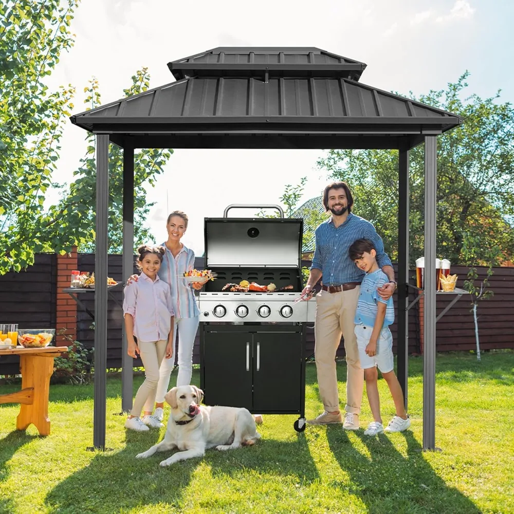 Grill Hardtop Gazebo with Double Galvanized Steel Roof, Aluminum Grill Canopy with Shelves, for Backyard Garden Patio, Gazebo