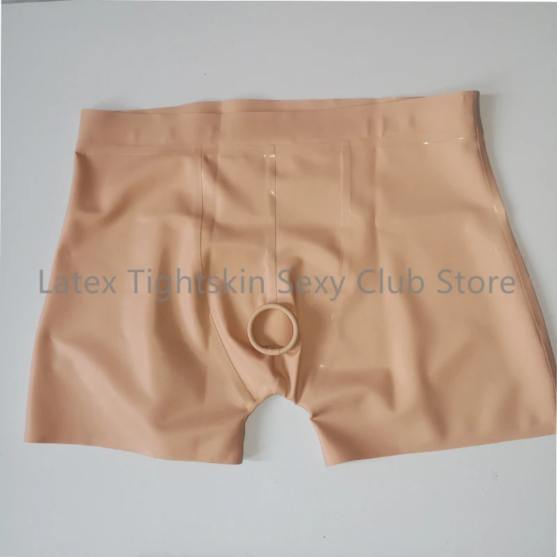 Sexy Man Latex Panties with Front Ring Hole Flesh Color Shorts Rubber Boxer Underwear Fetish Handmade