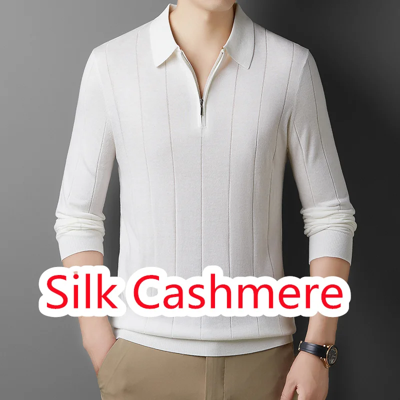 Seide Kaschmir Männer Polo-Shirt 2025, Herbst Drehen Unten Kragen Strickwaren Langarm Männlich Jumper Pullover Zipper Pullover Tops