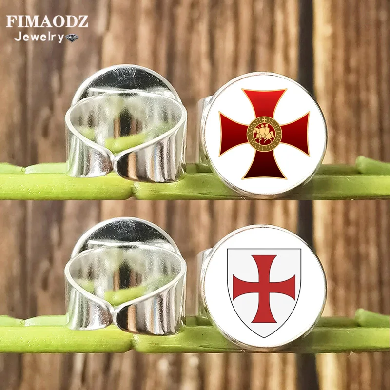 Vintage Knights Templar Ring with Red Cross Sword Ring Glass Round Crusader Masonic Sign Amulet Rings Men Jewelry