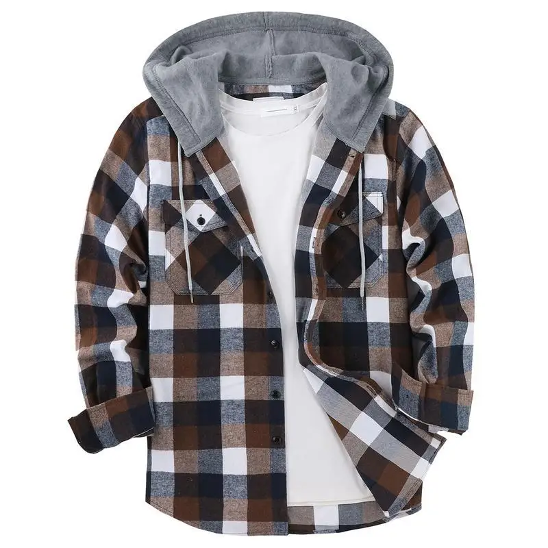 ZITY Mens Brown Plaid Hooded Flannel Shirt Long Sleeve Casual Comfortable Breathable Soft Fabric Easy Care Shirt for Spring