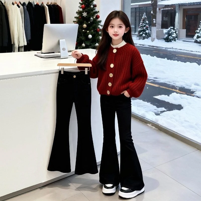 Girls Fleece Lined Flare Jeans 2026 Winter Thick Warm Denim Pants Kids Fashion Bootcut Trousers Outerwear