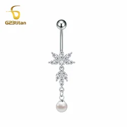 G23titan Length Dangled Pearl Belly Button Ring 14G Titanium Bar Navel Piercing Ombligo Oreja Women Body Sexy Jewelry Accessory