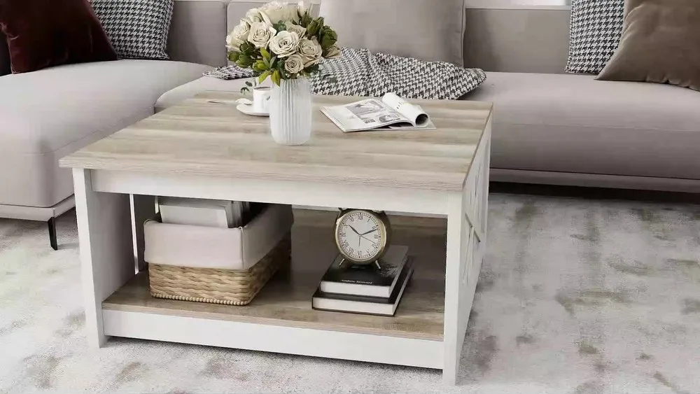 Ultym Square Coffee Table Wood Center Table w/ Half Open Storage Compartment