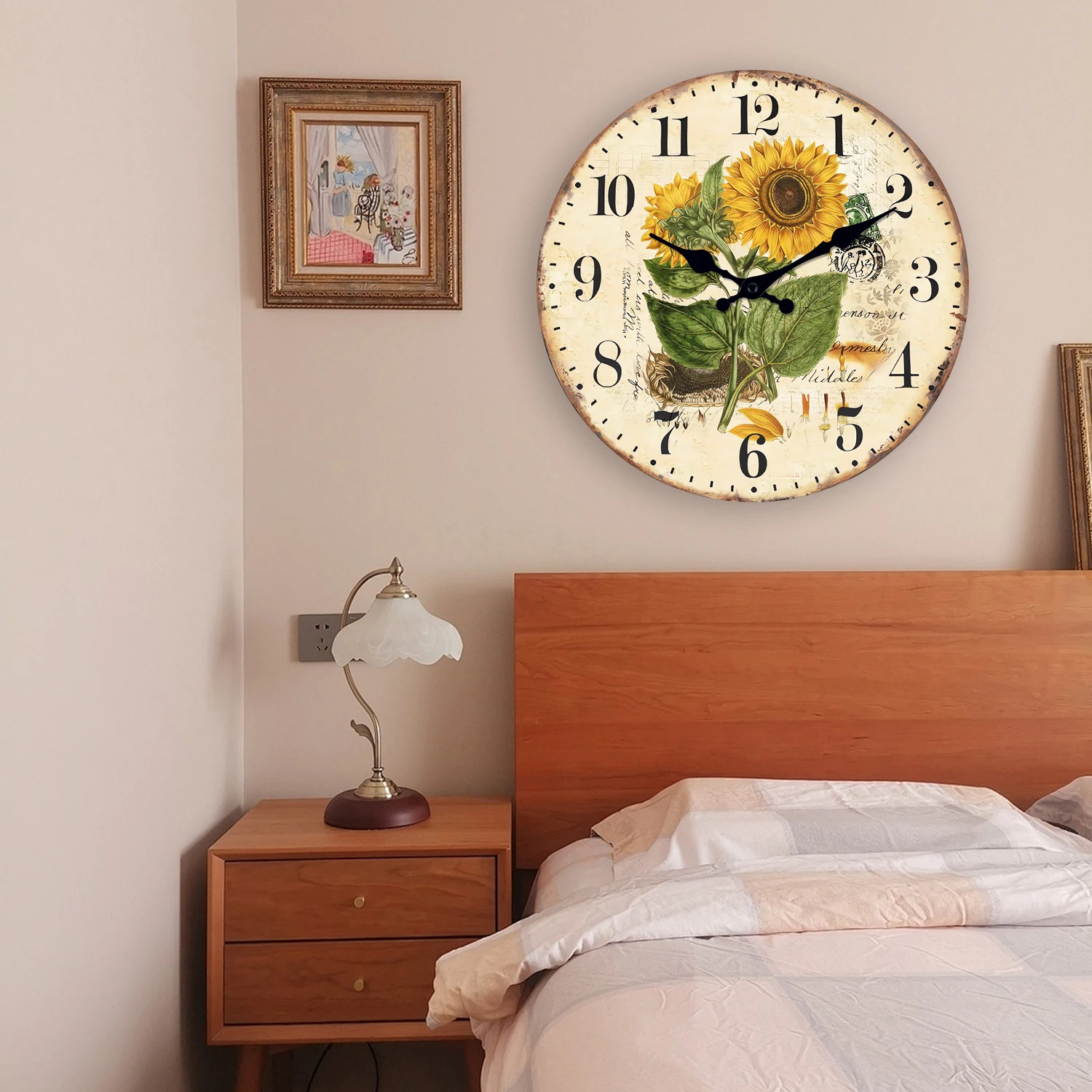 1pc Retro Wood Wall Clock, Two Sunflower Flower Design Wall Clock, Non-Ticking Silent Wall Clock, Home Living Room Decoration