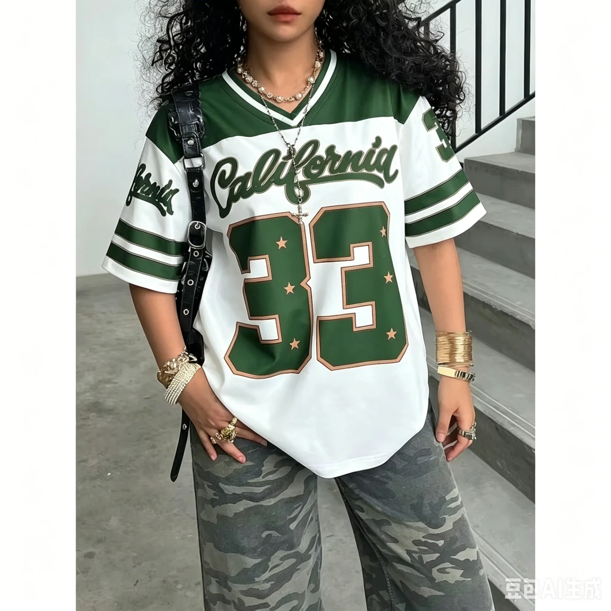 Summer Women's Casual Personality Number & Letter Printing Soccer T-Shirt Fashion V-Neck Loose Comfort Breathable Tops Tee Y2K
