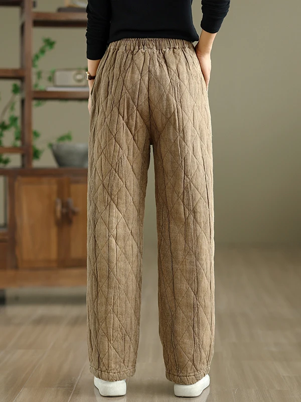 Thiened calças de algodão feminino inverno tamanho grande tingido cintura elástica quente calças de perna reta casual cintura alta calças de perna larga