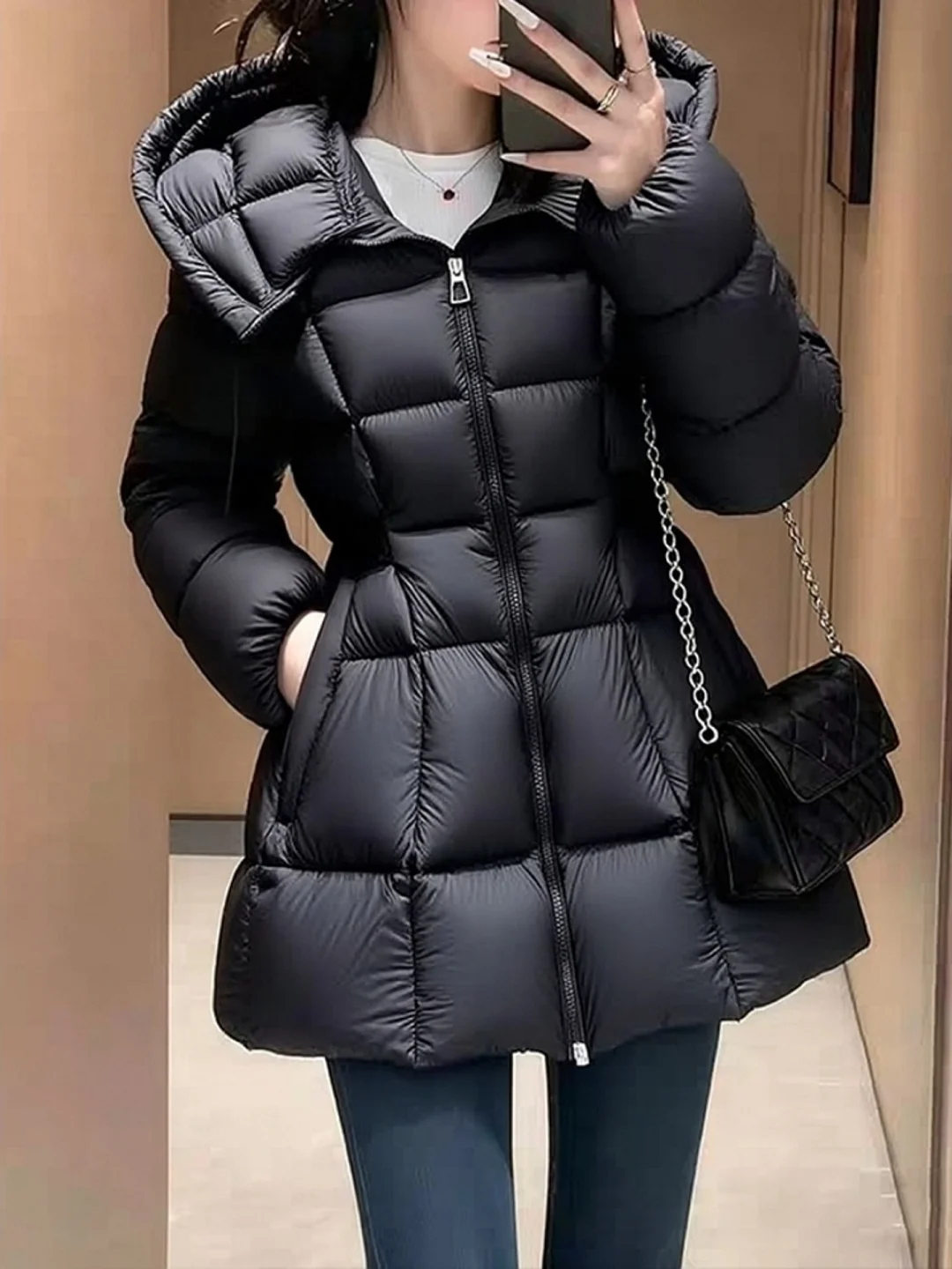 중간 길이 벨트가 있는 여성용 면 재킷 스퀘어 디자인 패셔너블 다용도 겨울 외투