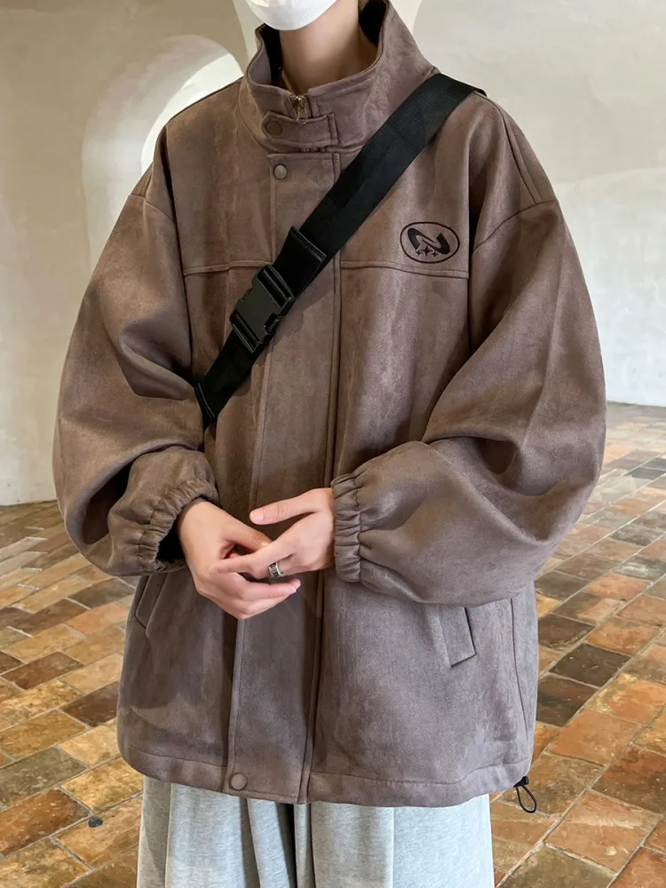 

Men's Suede Jaet Thiened Warm Stand Collar Autumn Winter Outerwear Faionable American Sle Youth Culture Top