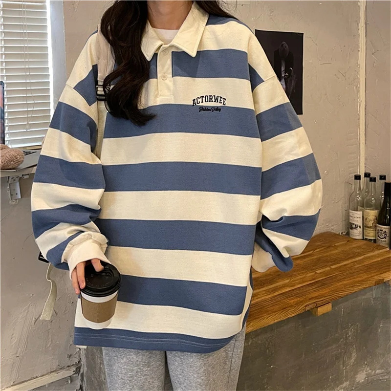 Preppy Style Stripe Pullover Sweatshirt Women Fashion Korean Loose Long Sleeve Pull Top Casual Turn-down Collar Coat Spring Fall