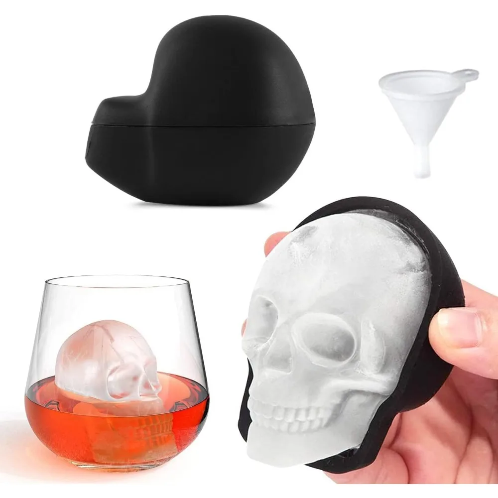 Large 3D Skull Silicone Ice Cube Mold with Funnel for Whiskey Cocktails Halloween for Baking Chocolate Candy Cake for Parties