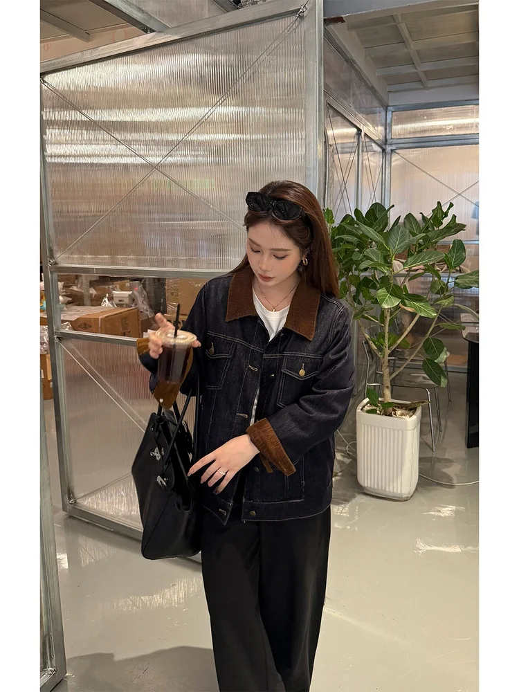 

Женская джинсовая куртка больших размеров с наполнителем из 90% пуха, винтажный стиль Гонконг, теплая, повседневная, с длинными рукавами, для полных женщин