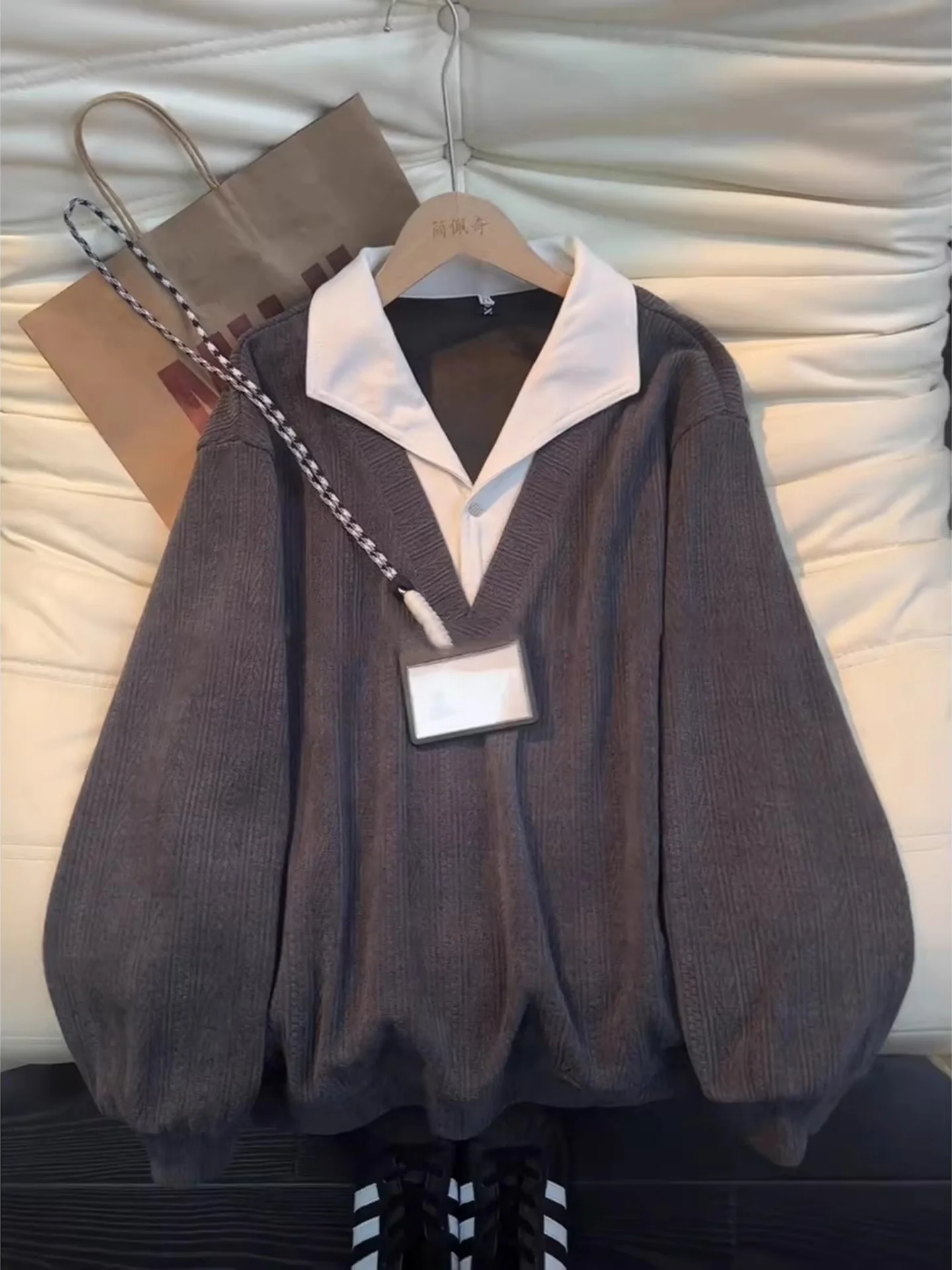 

Men's Hoodie Spring Design Sense Patchwork Worn over High-End Feeling Wheat Spike Pattern Long Sve Loose Fit Casual Sle