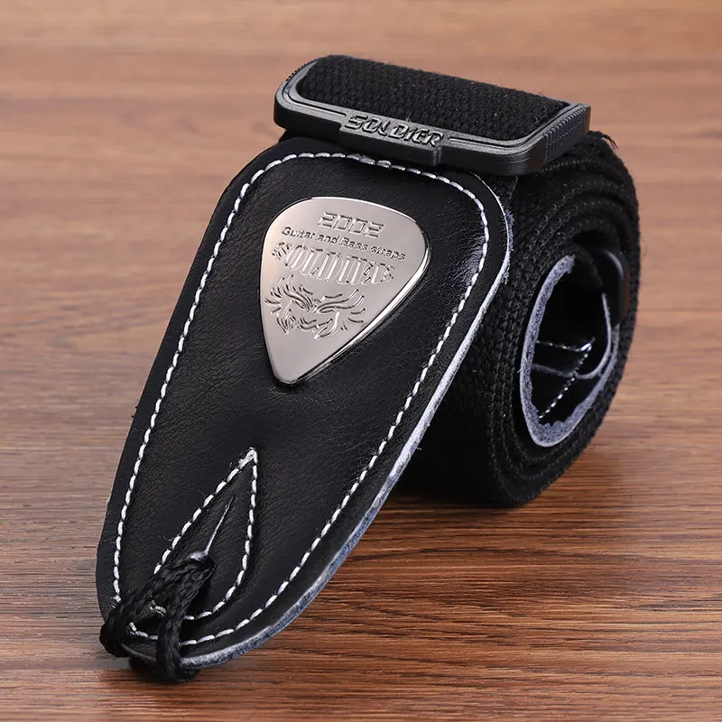 Soldier Acoustic Electric Bass Guitar Strap Black Leather Ends Shoulder Belt Personalized Metal LOGO Straps Guitar Accessories