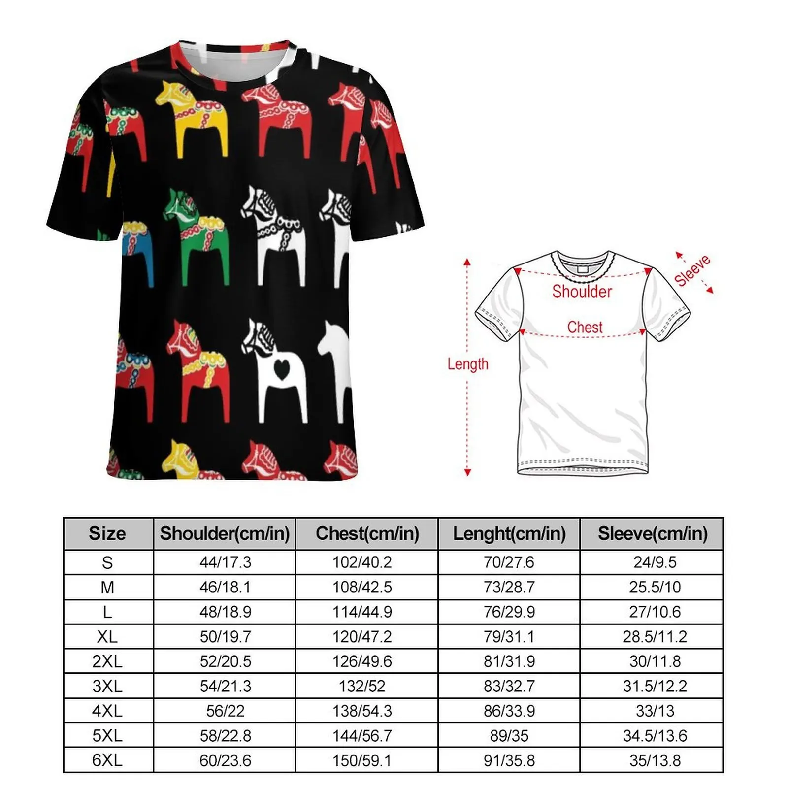 Sweden Horse T-Shirt For Man Dala Horses Traditional Art O Neck T Shirts Summer Tops Short Sleeves Casual Plus Size Tee Shirt