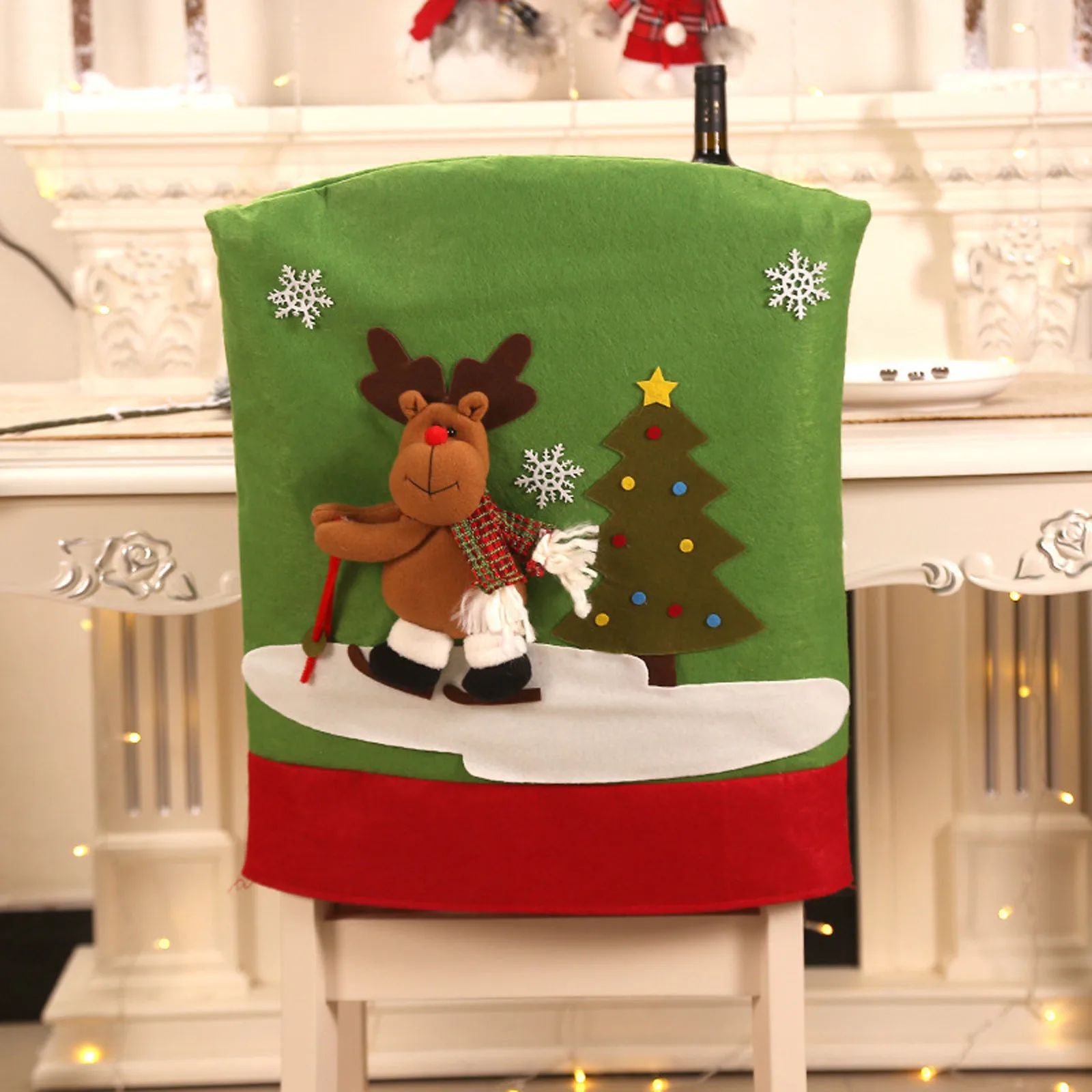 Christmas Chair Cover Elk Santa Claus Pattern Chair Cover Backrest Seat Cover Christmas Party Decoration Atmosphere Props