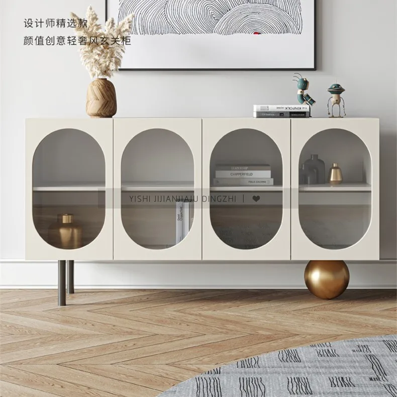 Italian-Style Light Luxury Sideboard Cabinet Tea Cabinet Arched Door Paint Entrance Cabinet Storage Cabinet