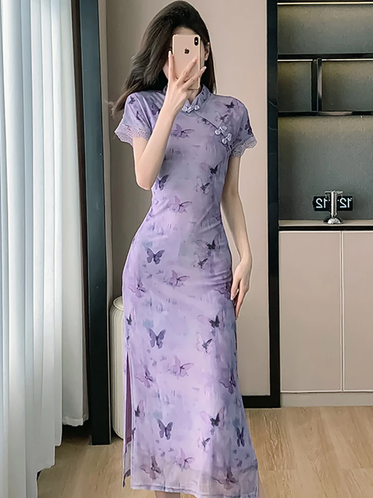 Women Purple Print Chic Lace Short Sleeve Midi Dress 2024 Korean Vintage Luxury Party Vestidos Summer Elegant Bodycon Prom Dress