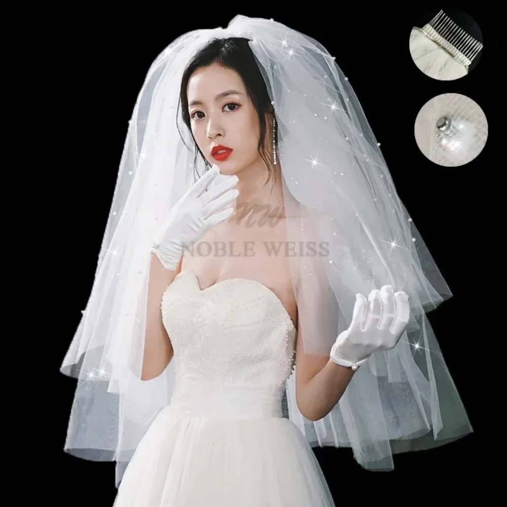 Short Wedding Veil Pearls Two Layers Bridal Veils Customized