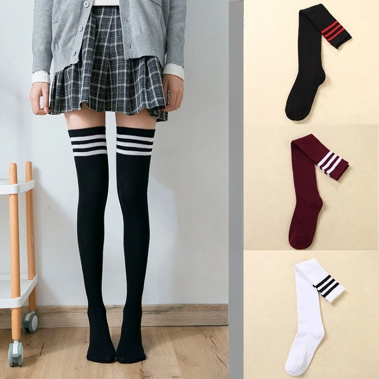 

4 цвета, три полосатые носки, гольфы для девочек, высокие хлопковые противоскользящие дезодорирующие гольфы, женские чулки выше колена